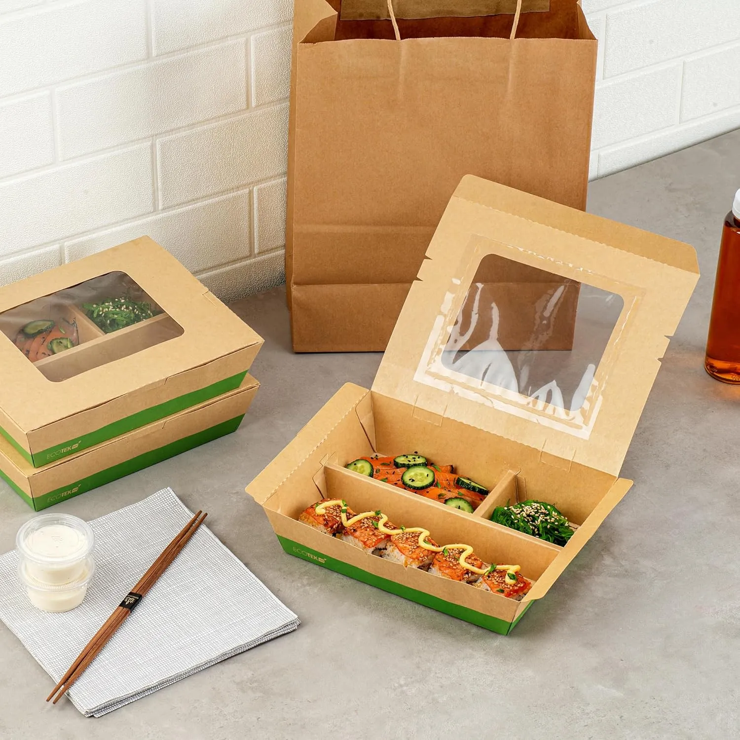 Restaurantware Eco Tek 51 Ounce Take Out Food Containers, 100 Disposable Bento Boxes - 3 Compartments, Transparent Window, Kraft And Green Paper To Go Boxes, For Take Out Orders Or Catering Services