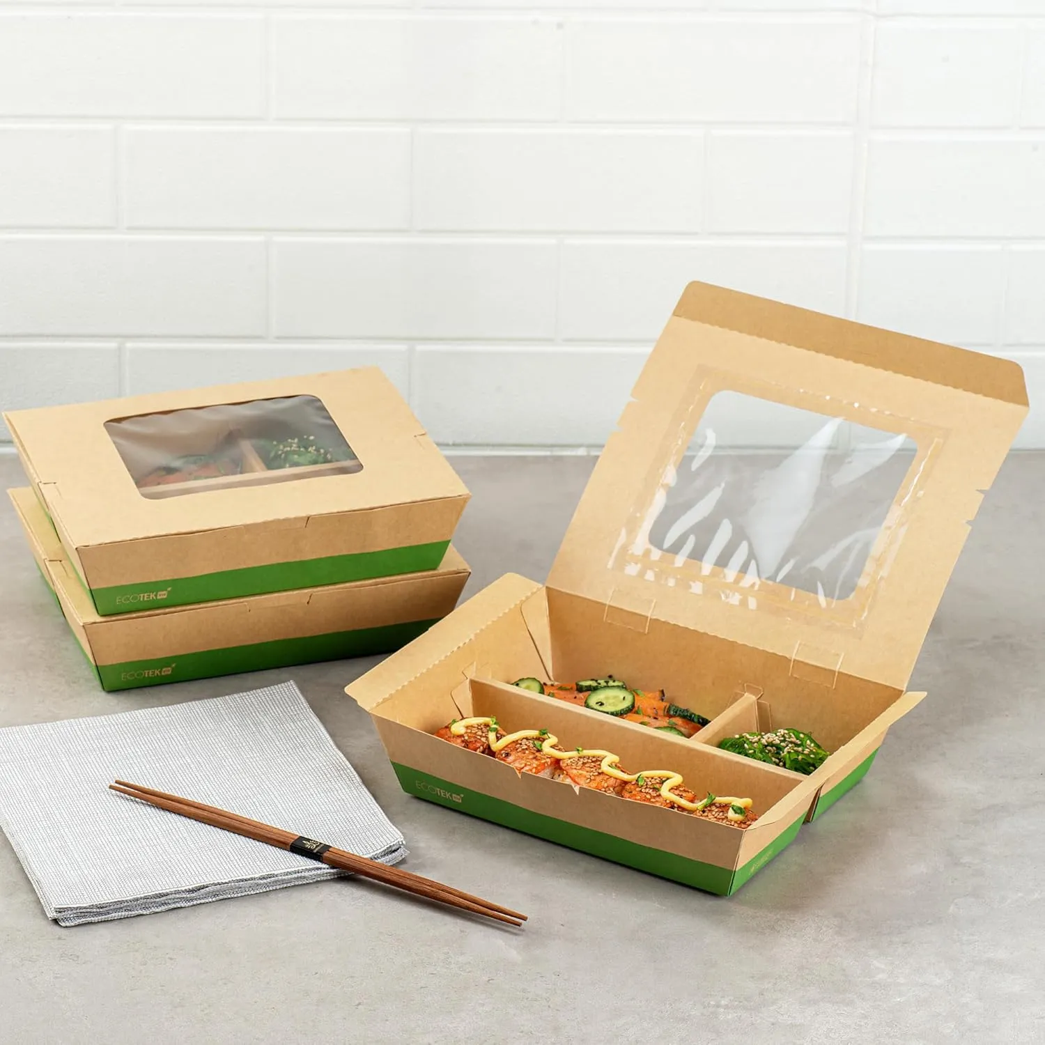 Restaurantware Eco Tek 51 Ounce Take Out Food Containers, 100 Disposable Bento Boxes - 3 Compartments, Transparent Window, Kraft And Green Paper To Go Boxes, For Take Out Orders Or Catering Services