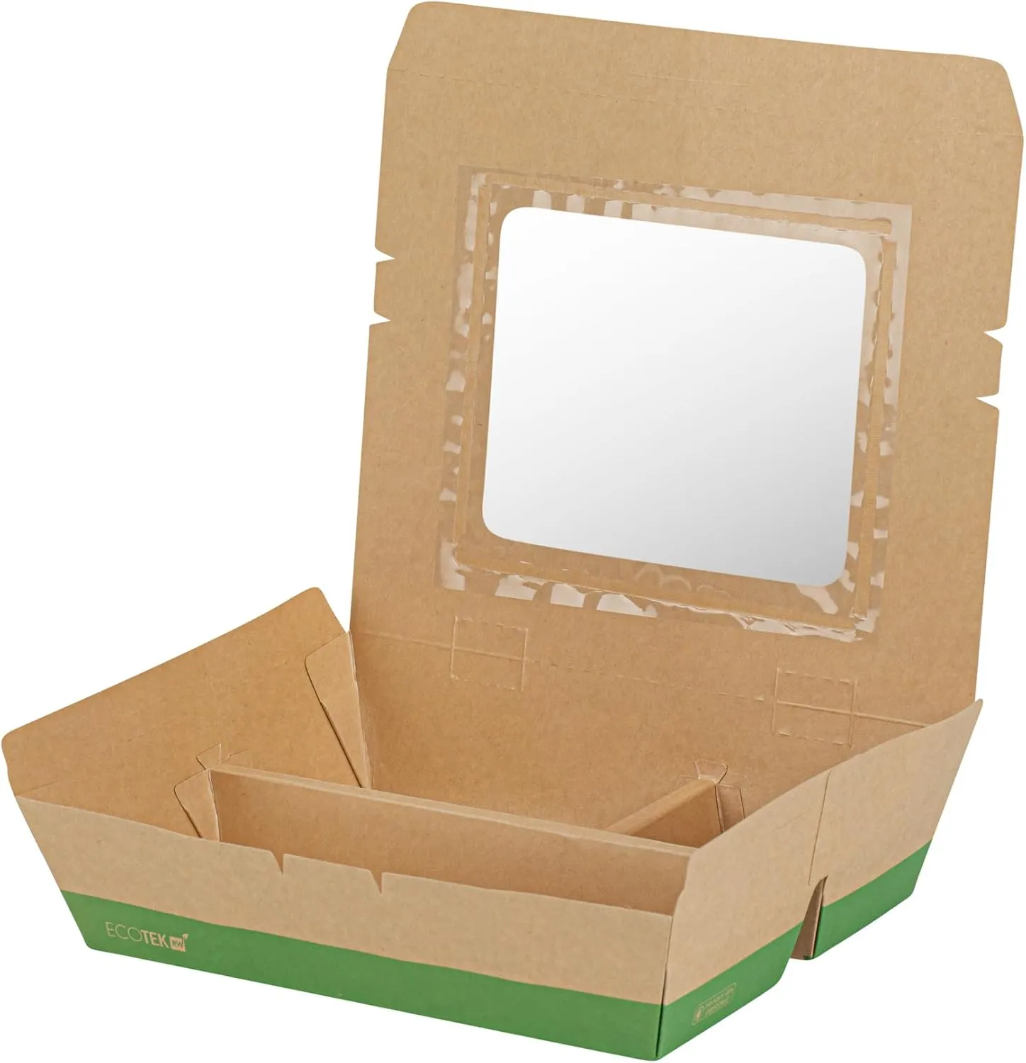 Restaurantware Eco Tek 51 Ounce Take Out Food Containers, 100 Disposable Bento Boxes - 3 Compartments, Transparent Window, Kraft And Green Paper To Go Boxes, For Take Out Orders Or Catering Services
