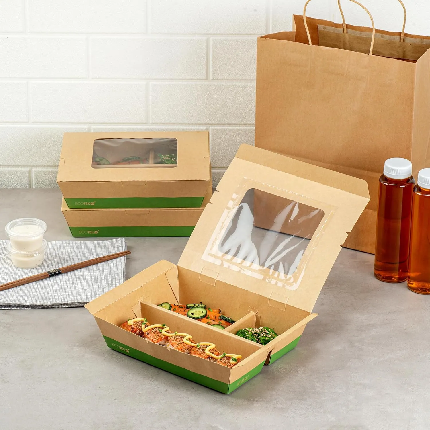 Restaurantware Eco Tek 51 Ounce Take Out Food Containers, 100 Disposable Bento Boxes - 3 Compartments, Transparent Window, Kraft And Green Paper To Go Boxes, For Take Out Orders Or Catering Services