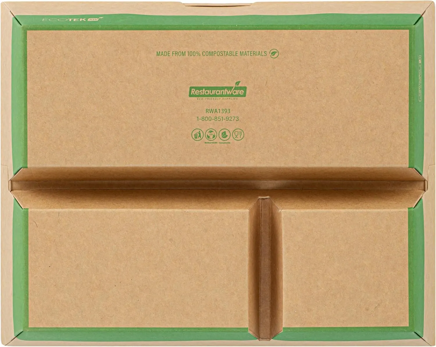 Restaurantware Eco Tek 51 Ounce Take Out Food Containers, 100 Disposable Bento Boxes - 3 Compartments, Transparent Window, Kraft And Green Paper To Go Boxes, For Take Out Orders Or Catering Services
