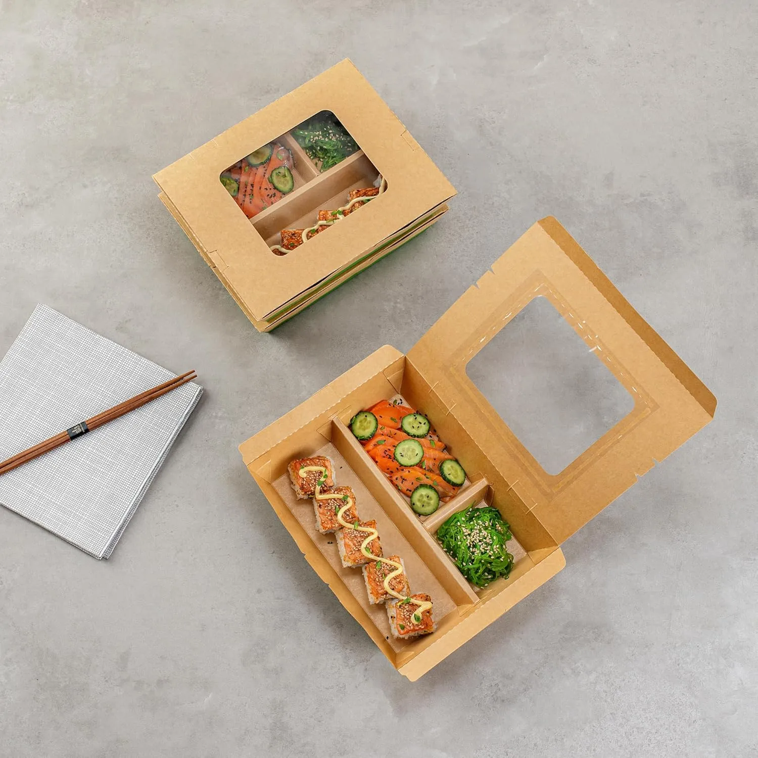 Restaurantware Eco Tek 51 Ounce Take Out Food Containers, 100 Disposable Bento Boxes - 3 Compartments, Transparent Window, Kraft And Green Paper To Go Boxes, For Take Out Orders Or Catering Services