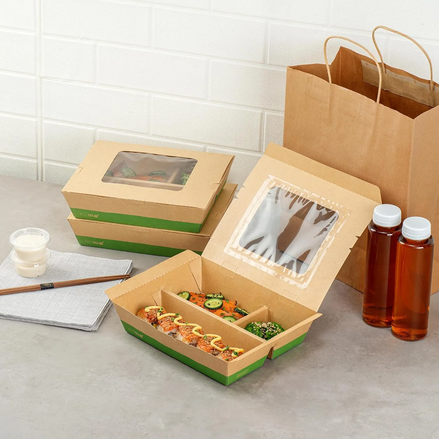 Restaurantware Eco Tek 51 Ounce Take Out Food Containers, 100 Disposable Bento Boxes - 3 Compartments, Transparent Window, Kraft And Green Paper To Go Boxes, For Take Out Orders Or Catering Services