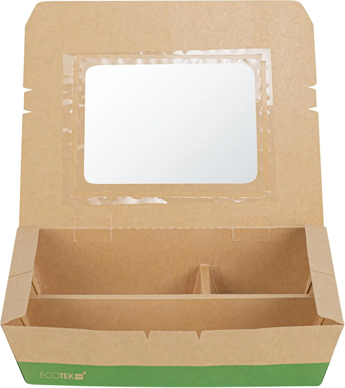 Restaurantware Eco Tek 51 Ounce Take Out Food Containers, 100 Disposable Bento Boxes - 3 Compartments, Transparent Window, Kraft And Green Paper To Go Boxes, For Take Out Orders Or Catering Services