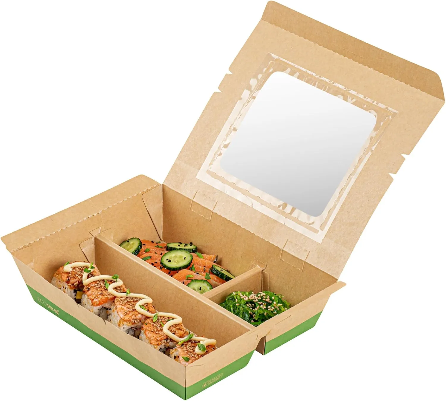 Restaurantware Eco Tek 51 Ounce Take Out Food Containers, 100 Disposable Bento Boxes - 3 Compartments, Transparent Window, Kraft And Green Paper To Go Boxes, For Take Out Orders Or Catering Services