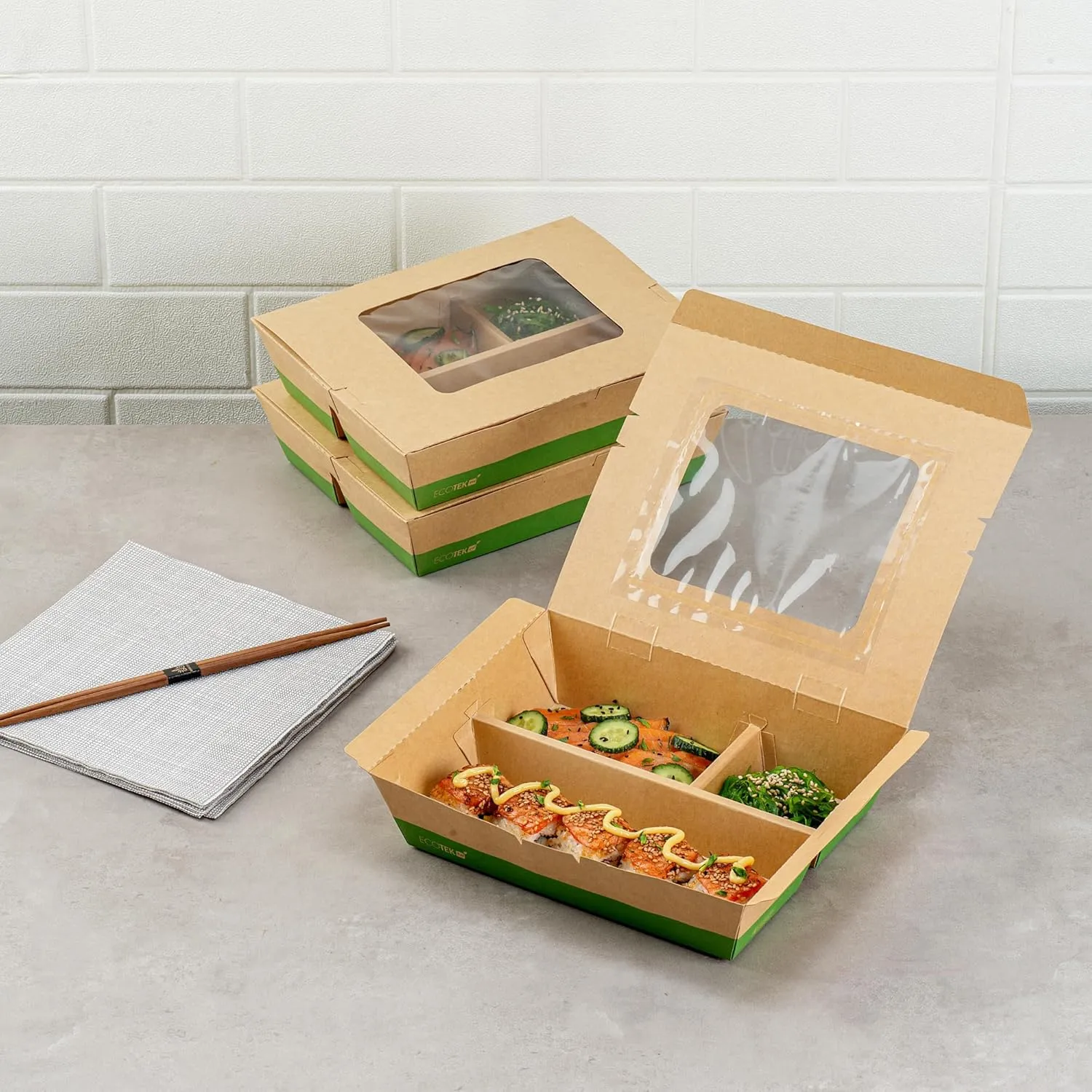 Restaurantware Eco Tek 51 Ounce Take Out Food Containers, 100 Disposable Bento Boxes - 3 Compartments, Transparent Window, Kraft And Green Paper To Go Boxes, For Take Out Orders Or Catering Services