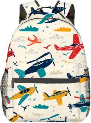 Retro Colorful Airplane Backpack,Vintage Aircraft Polyester Backpacks,Lightweight Double Shoulder Back Pack for Adults,Cloud Bird Bookbag,School Bag Gifts,Casual Travel Daypack Book Packs