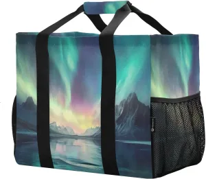 Reusable Grocery Bags with Reinforced Handles & Side Pockets, Aurora Waterproof Beach Tote Bag Large Foldable Handbags for Shopping, Travel, Gym