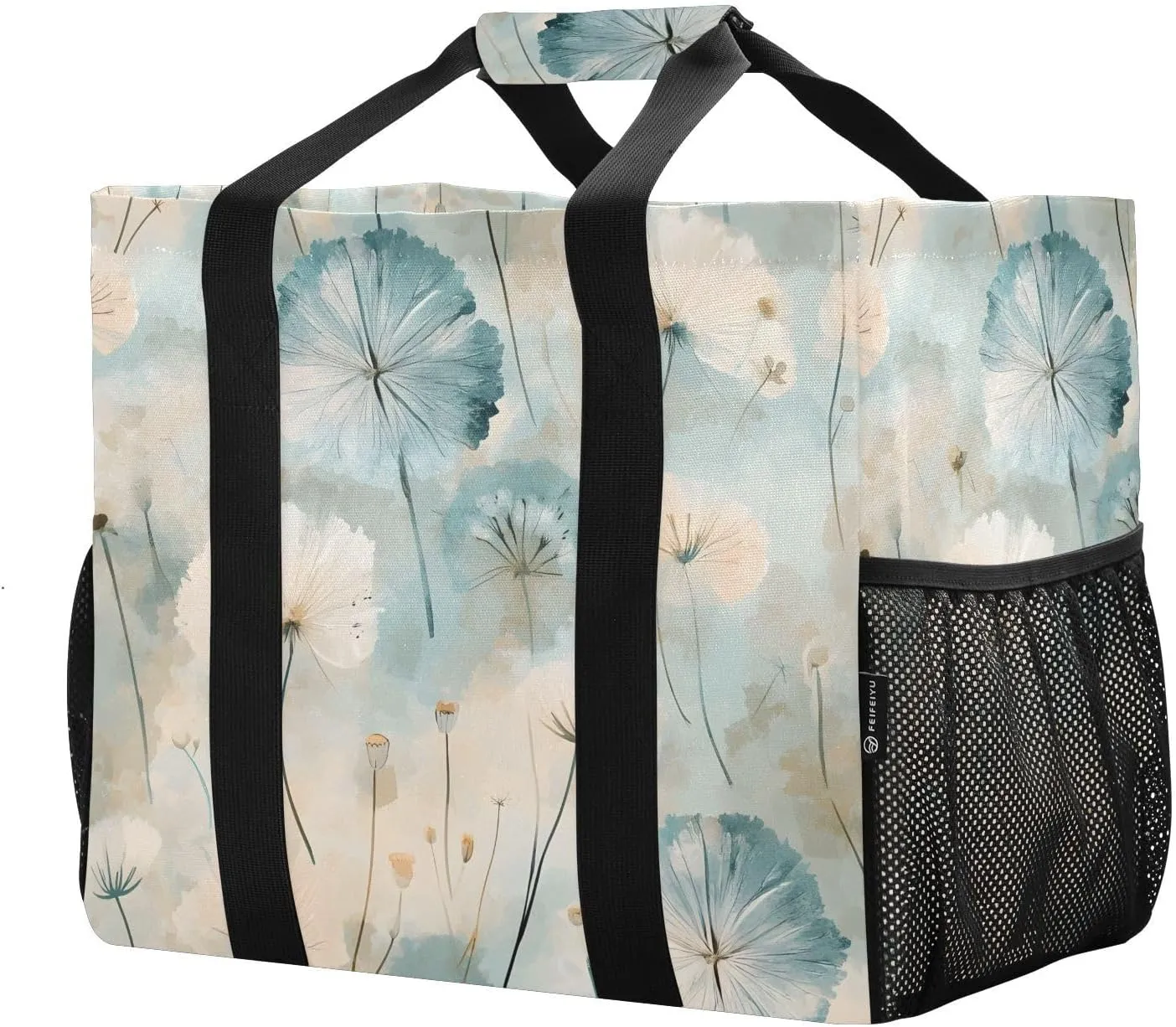 Reusable Grocery Bags with Reinforced Handles & Side Pockets, Dandelions Waterproof Beach Tote Bag Large Foldable Handbags for Shopping, Travel, Gym