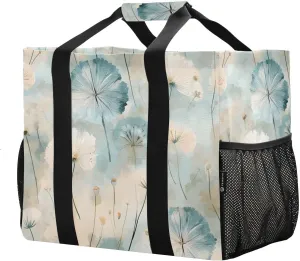 Reusable Grocery Bags with Reinforced Handles & Side Pockets, Dandelions Waterproof Beach Tote Bag Large Foldable Handbags for Shopping, Travel, Gym