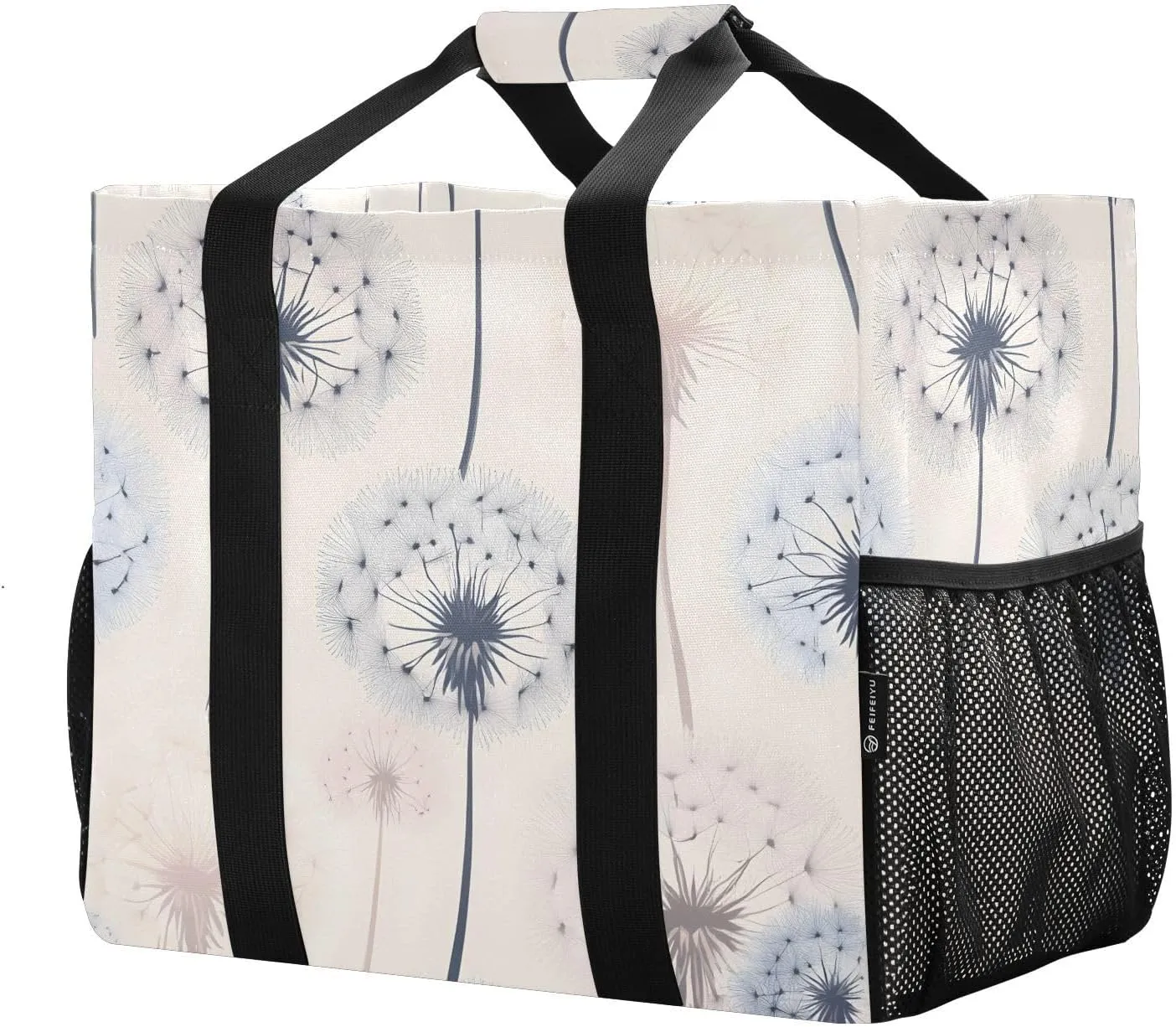 Reusable Grocery Bags with Reinforced Handles & Side Pockets, Dandelions Waterproof Beach Tote Bag Large Foldable Handbags for Shopping, Travel, Gym