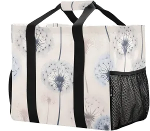 Reusable Grocery Bags with Reinforced Handles & Side Pockets, Dandelions Waterproof Beach Tote Bag Large Foldable Handbags for Shopping, Travel, Gym