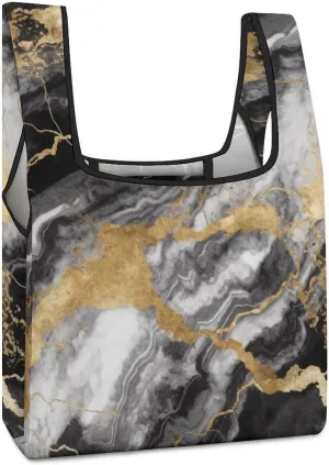 Reusable Shopping Bags,Black White Gold Foil Marble Print Foldable Grocery Bags,Folding Gift Tote Bags,Travel Recycle Shopping Bags