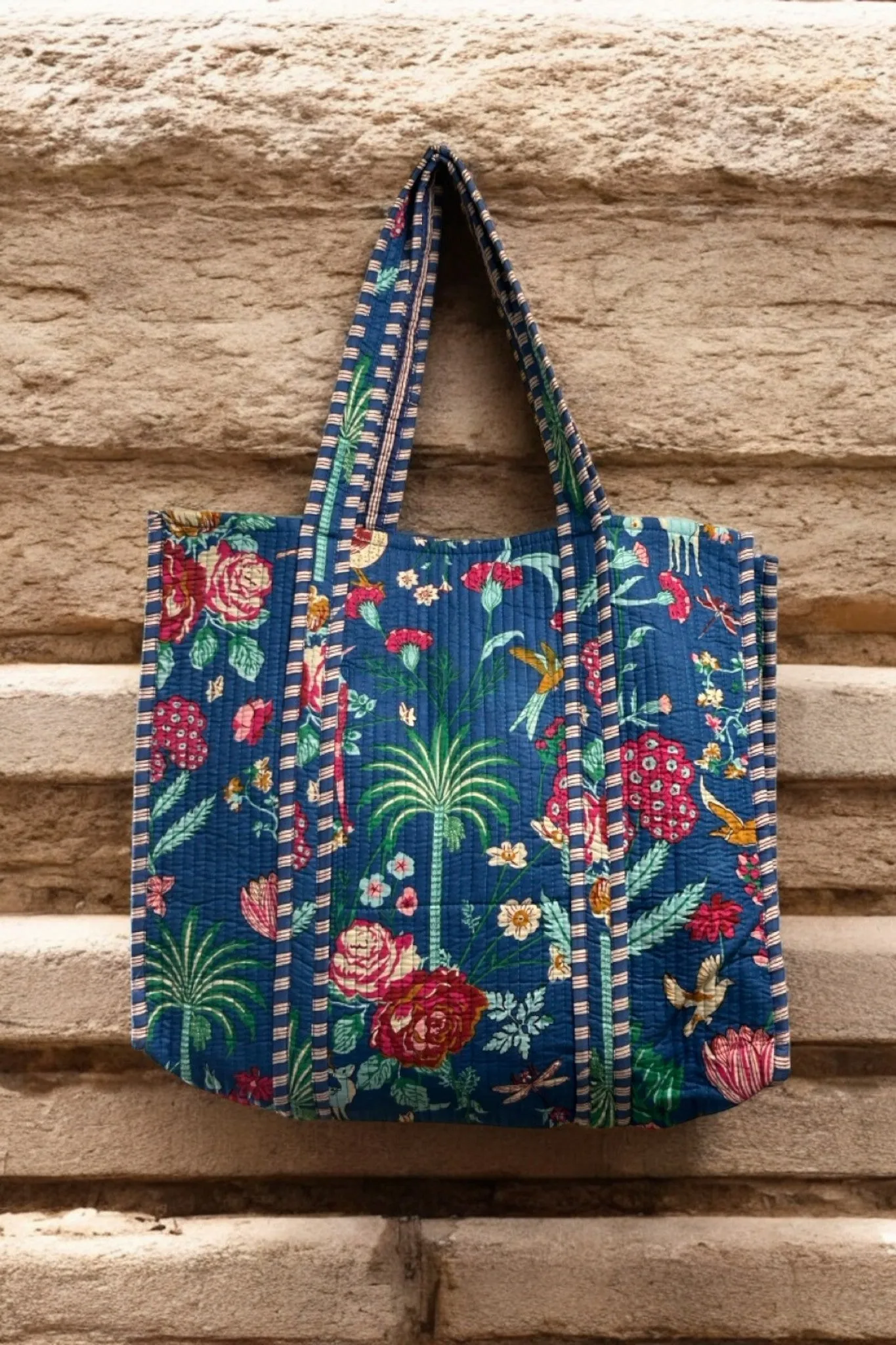 Reversible Cotton Quilted Tote - Blue Rose & Resort Vibes