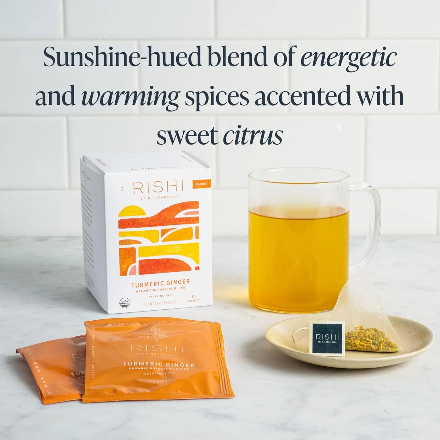 Rishi Tea Turmeric Ginger Herbal Tea - Organic Sachet Bags, Caffeine Free Ayurvedic Digestive Blend with Spicy Ginger & Citrus - 15 Count (Pack of 6)