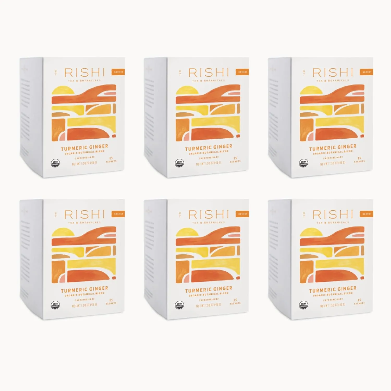 Rishi Tea Turmeric Ginger Herbal Tea - Organic Sachet Bags, Caffeine Free Ayurvedic Digestive Blend with Spicy Ginger & Citrus - 15 Count (Pack of 6)