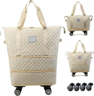 Rolling Duffel Bags with Wheels, Expandable Wheeled Duffle Bag with Handles, Foldable Travel Bag, Weekend Bag, Travel Duffels Bag for Gym,Camping,Travel (Beige)