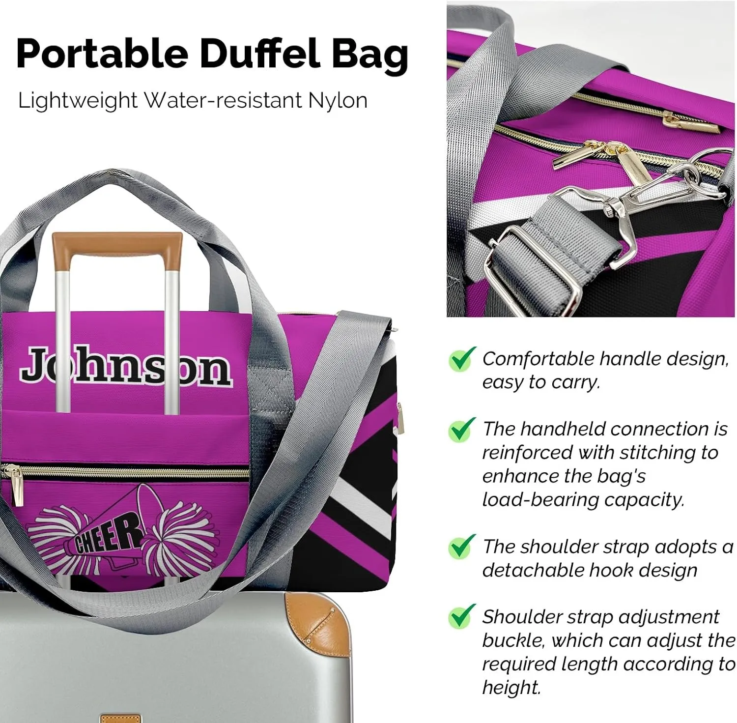 Rose Purple Cheer Cheerleader Duffel Bag Custom Waterproof Sport Gym Travel Perform Training Bags with Name