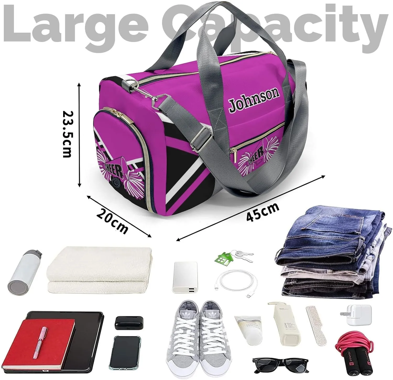 Rose Purple Cheer Cheerleader Duffel Bag Custom Waterproof Sport Gym Travel Perform Training Bags with Name