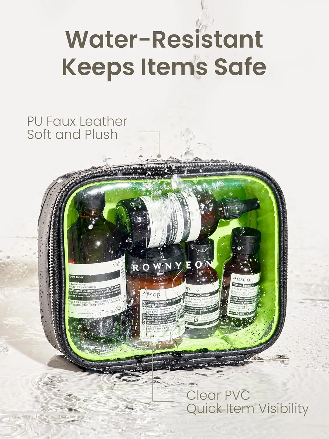 ROWNYEON 3Pcs Waterproof Clear Makeup Case for Travel, Travel Toiletry Bag Train Case Transparent Bag for Women Girls,Carry On Cosmetics Organizer with Zipper Handle (Black)