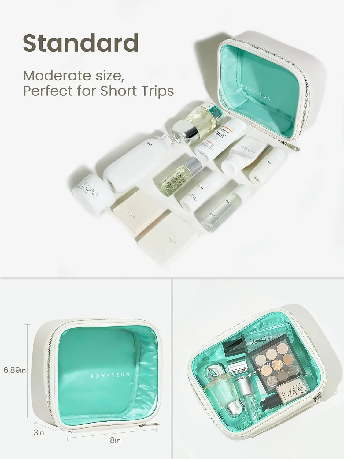 ROWNYEON Clear Makeup Bag,Leather Waterproof Cosmetic Bag,Travel Makeup Bag for Women,Portable Toiletry Bag Train Case with Zipper White (Medium)