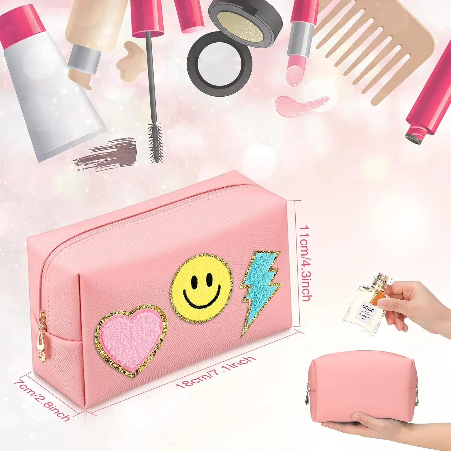 Sanwuta 9 Pcs Makeup Bags PU Double Zippers Cosmetic Bag Makeup Toiletry Pouch Bulk Portable Travel Organizers Case for Women Bachelorette Party End of the Year Graduation Gift(Pink, Blue, Purple)