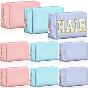 Sanwuta 9 Pcs Makeup Bags PU Double Zippers Cosmetic Bag Makeup Toiletry Pouch Bulk Portable Travel Organizers Case for Women Bachelorette Party End of the Year Graduation Gift(Pink, Blue, Purple)