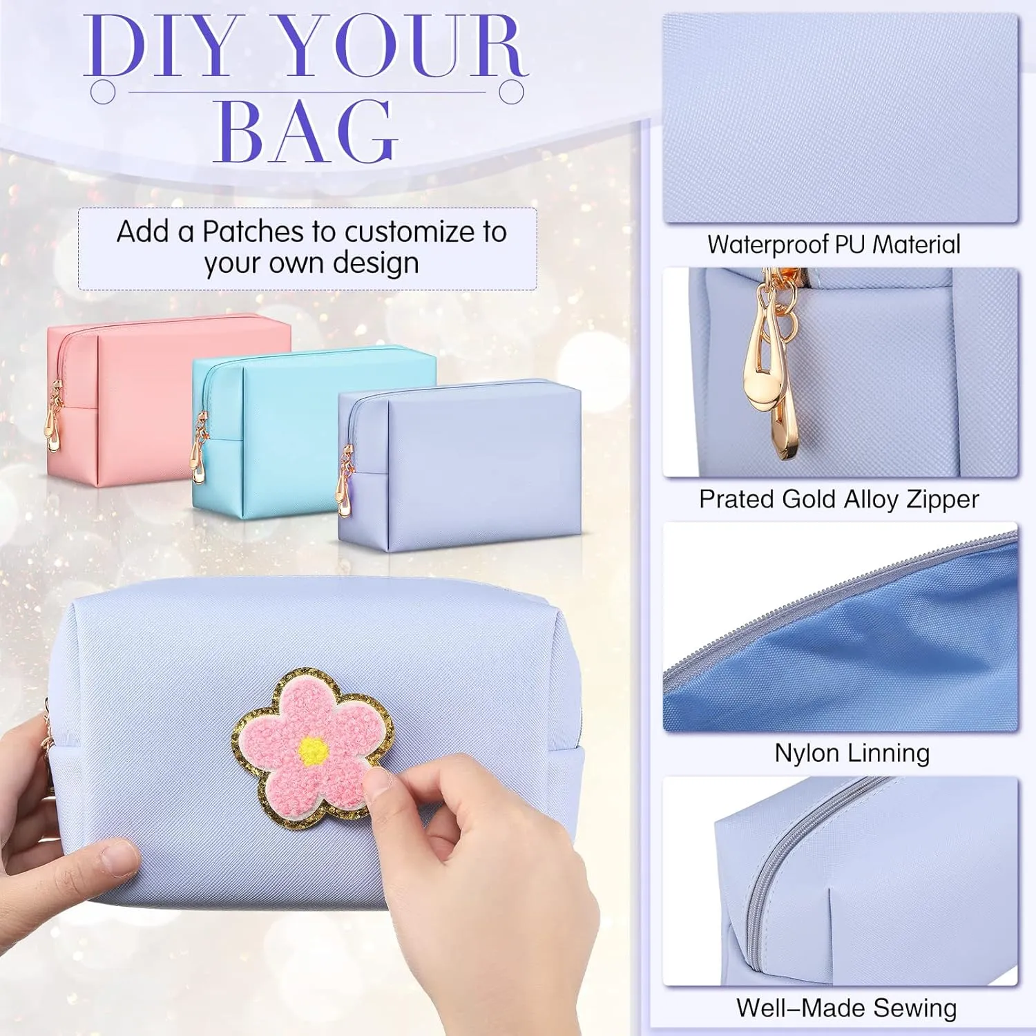Sanwuta 9 Pcs Makeup Bags PU Double Zippers Cosmetic Bag Makeup Toiletry Pouch Bulk Portable Travel Organizers Case for Women Bachelorette Party End of the Year Graduation Gift(Pink, Blue, Purple)