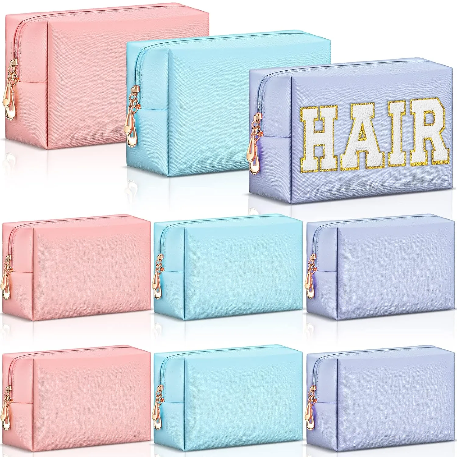 Sanwuta 9 Pcs Makeup Bags PU Double Zippers Cosmetic Bag Makeup Toiletry Pouch Bulk Portable Travel Organizers Case for Women Bachelorette Party End of the Year Graduation Gift(Pink, Blue, Purple)