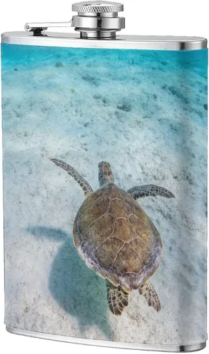 Sea Turtle Classic Hip Flask 8 Oz, Stainless Steel Leakproof Hip Flask, Leather Wrapped With Lid