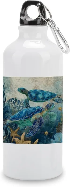 Sea Turtles Vintage Map Travel Aluminum Water Bottle, Sport Bottle with Twist Cap Buckle for Men Women Camping Hiking 600ml