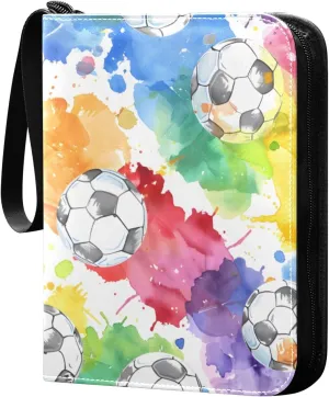 Seamless Colorful Soccers Watercolor Card Binder 4 Pocket Trading Card Binder Portable Cards Collection Book with Zipper