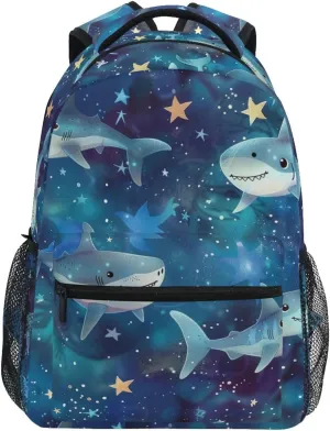 senya Sharks Soar in The Starry Sky Backpack Water-Resistant Lightweight Bookbags Travel Bag with Mesh Side Pockets