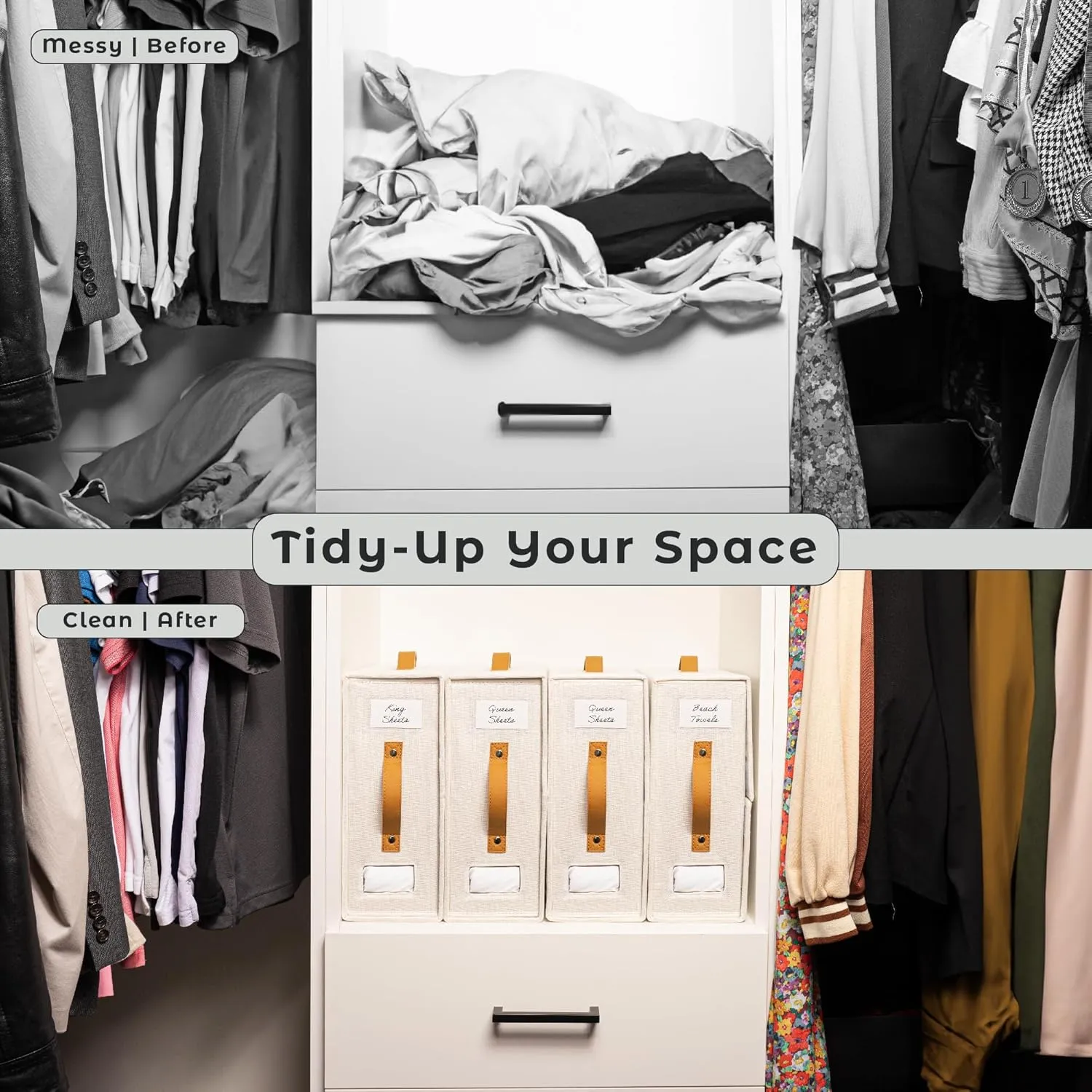 Sheet Organizers and Storage Bags for Bed Sheets, Linen, Blankets, Bedding - Under Bed or Closet Storage Boxes with Dual Handles and Organization Labels - (Beige, 4-pack)