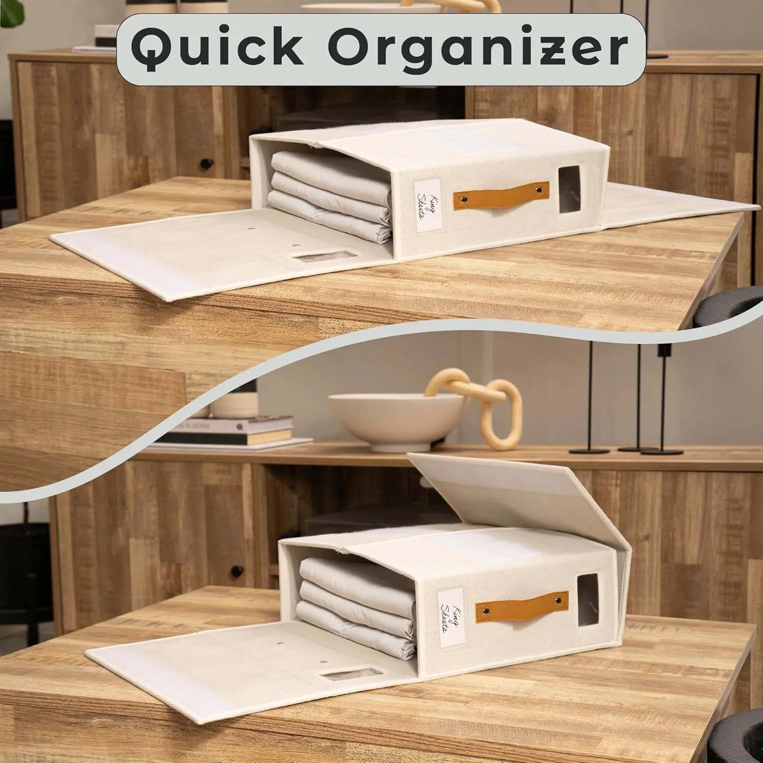 Sheet Organizers and Storage Bags for Bed Sheets, Linen, Blankets, Bedding - Under Bed or Closet Storage Boxes with Dual Handles and Organization Labels - (Beige, 4-pack)