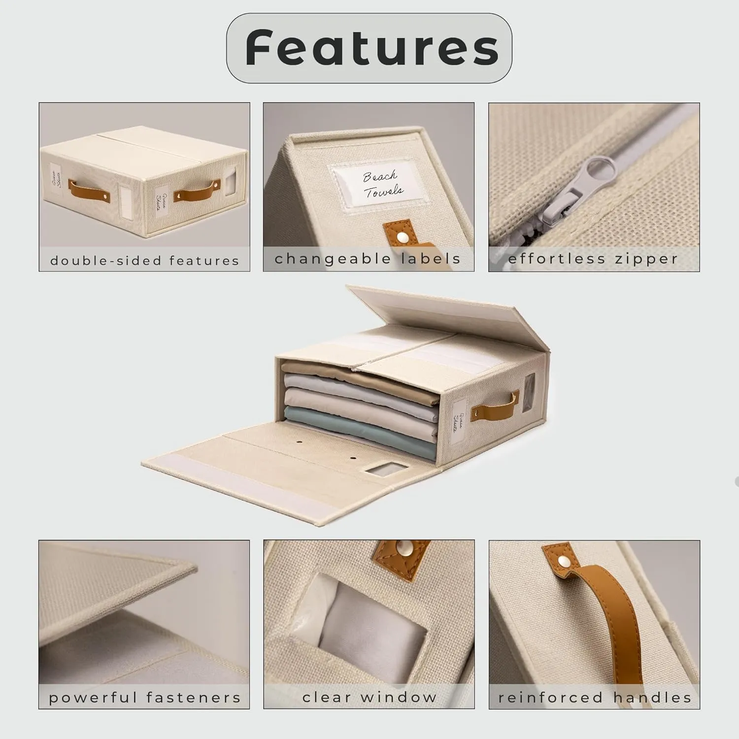Sheet Organizers and Storage Bags for Bed Sheets, Linen, Blankets, Bedding - Under Bed or Closet Storage Boxes with Dual Handles and Organization Labels - (Beige, 4-pack)