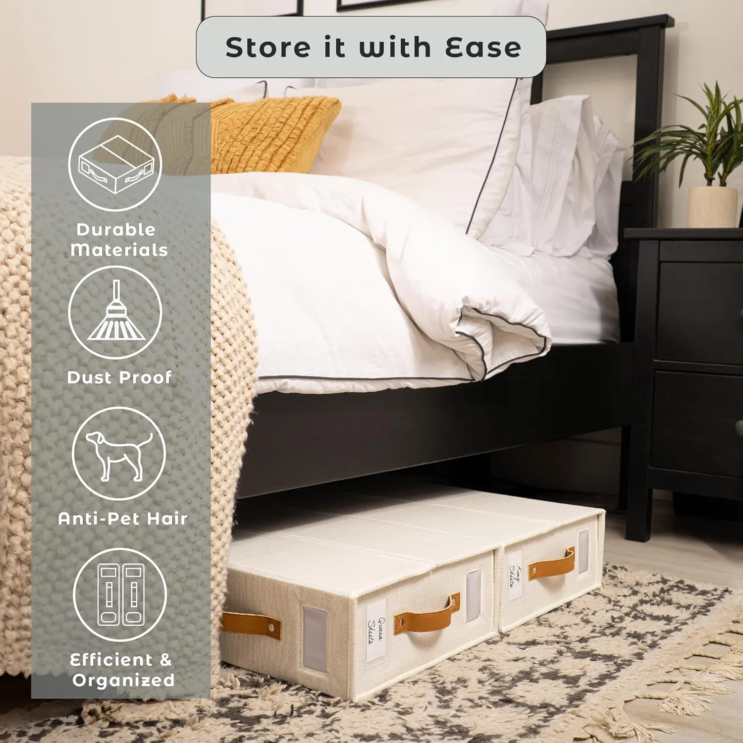 Sheet Organizers and Storage Bags for Bed Sheets, Linen, Blankets, Bedding - Under Bed or Closet Storage Boxes with Dual Handles and Organization Labels - (Beige, 4-pack)