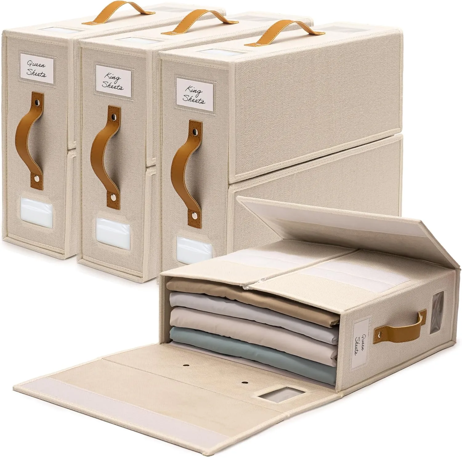 Sheet Organizers and Storage Bags for Bed Sheets, Linen, Blankets, Bedding - Under Bed or Closet Storage Boxes with Dual Handles and Organization Labels - (Beige, 4-pack)