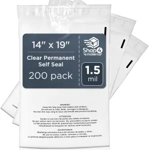 Shop4Mailers 14.5x19 Clear Poly Bag with Suffocation Warning Self-Seal Adhesive, 1.5 Mil Clear Bag for FBA, Packaging Bags, Clothes Storage & Shipping Bags – Permanent Seal Poly Mailers (Pack of 200)
