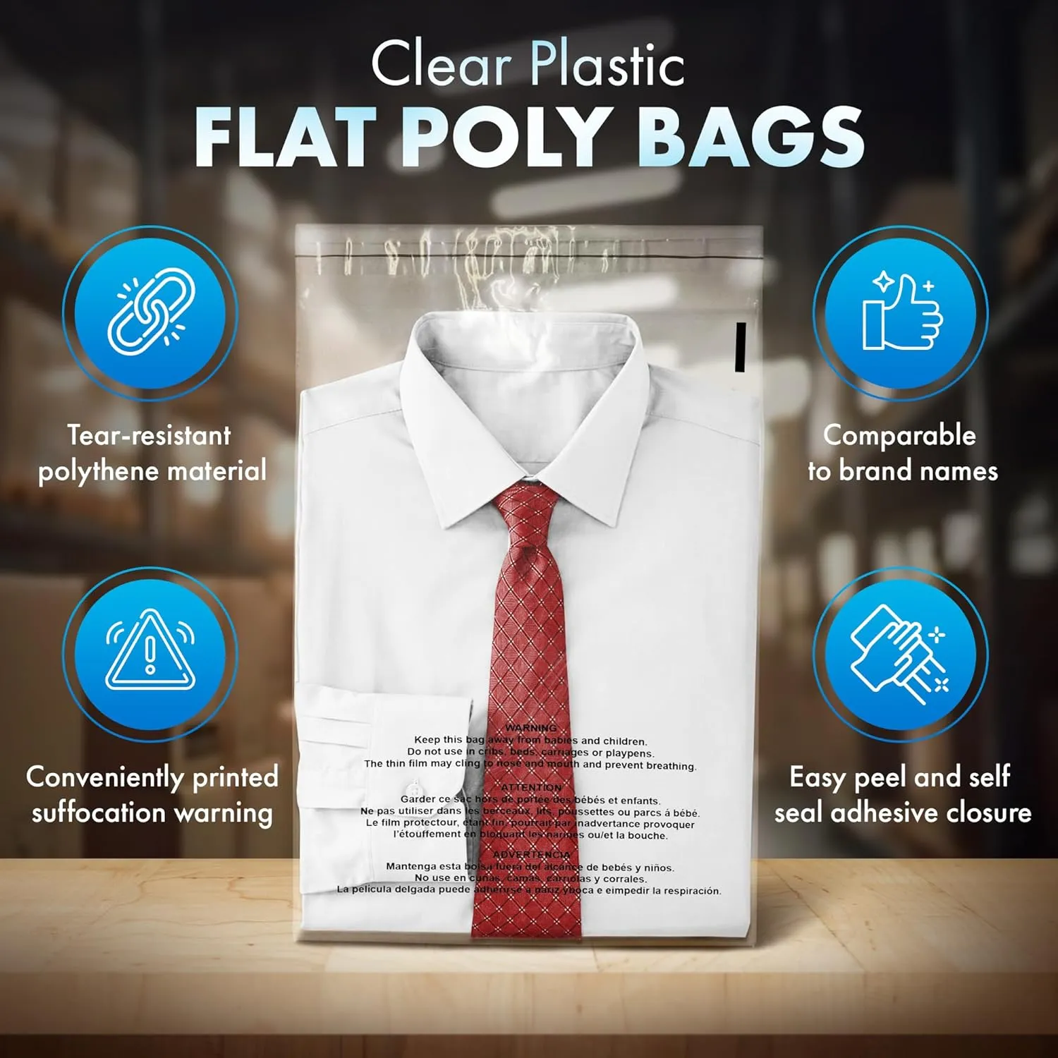 Shop4Mailers 19x24 Clear Poly Bag with Suffocation Warning – Self-Seal Adhesive, 1.5 Mil Clear Bag for FBA, Packaging Bags, Clothes Storage, & Shipping Bags – Resealable Poly Mailers (Pack of 100)