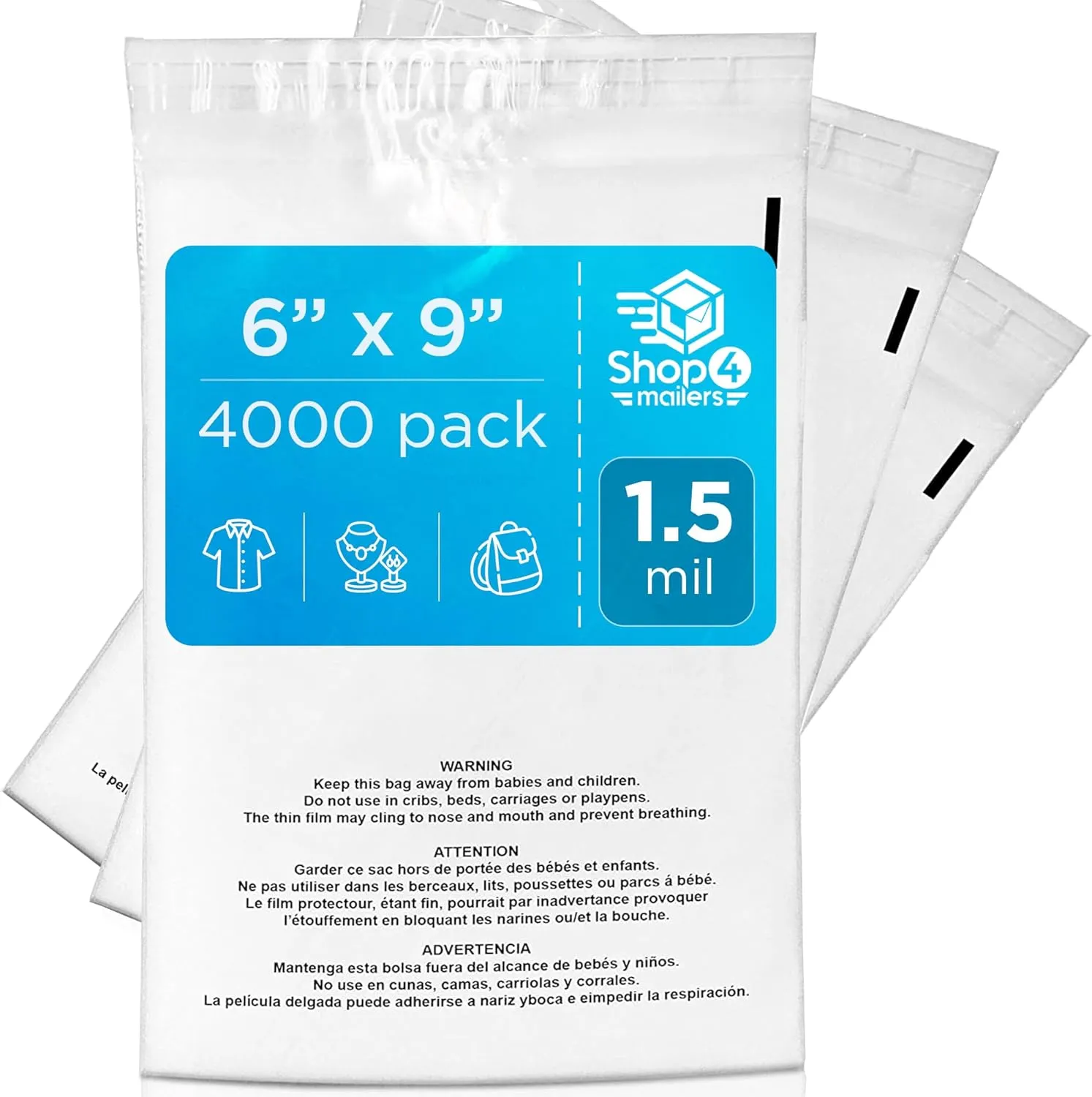 Shop4Mailers 6x9 Clear Poly Bag with Suffocation Warning – Self-Seal Adhesive, 1.5 Mil Clear Bag for FBA, Packaging Bags, Clothes Storage, & Shipping Bags – Resealable Poly Mailers (Pack of 4000)