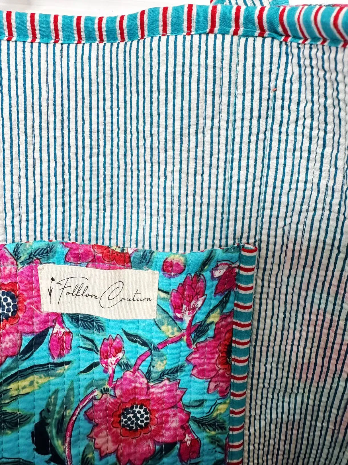 Sky Blue and Pink Floral Cotton Quilted Block Print Tote Bag