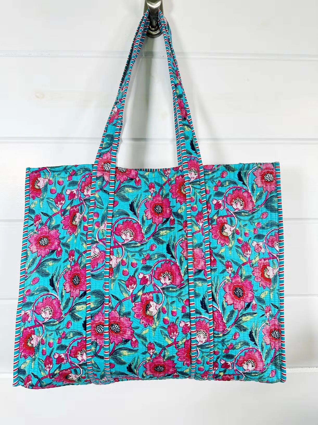 Sky Blue and Pink Floral Cotton Quilted Block Print Tote Bag