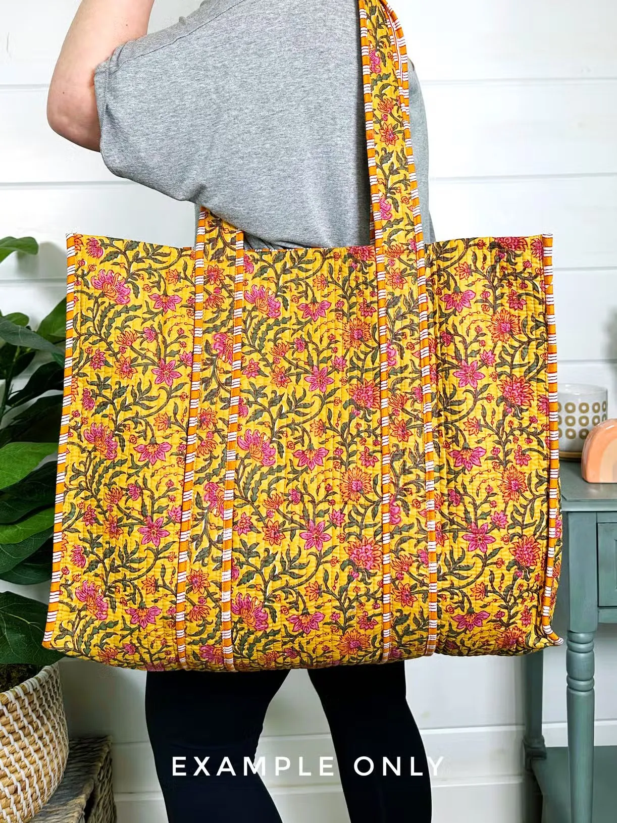 Sky Blue and Pink Floral Cotton Quilted Block Print Tote Bag