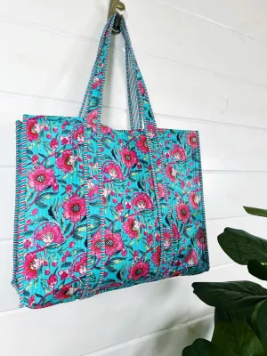 Sky Blue and Pink Floral Cotton Quilted Block Print Tote Bag