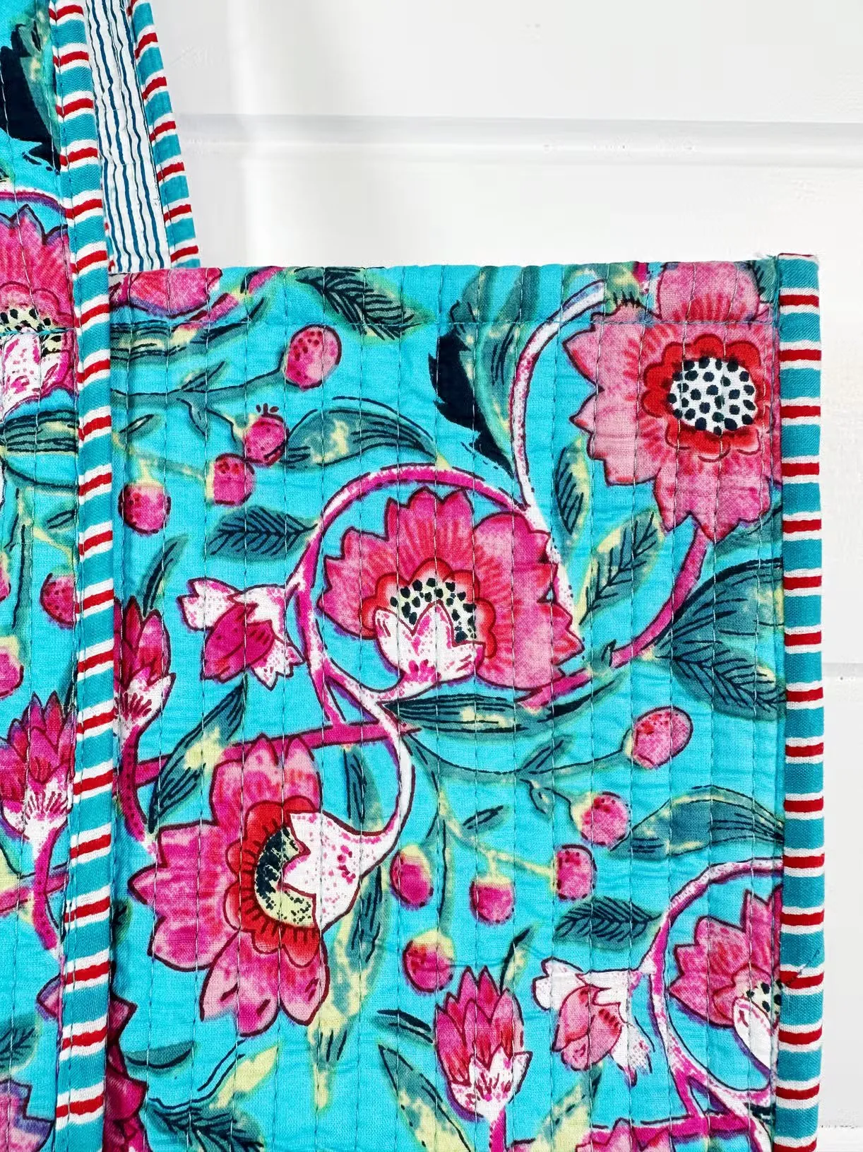 Sky Blue and Pink Floral Cotton Quilted Block Print Tote Bag