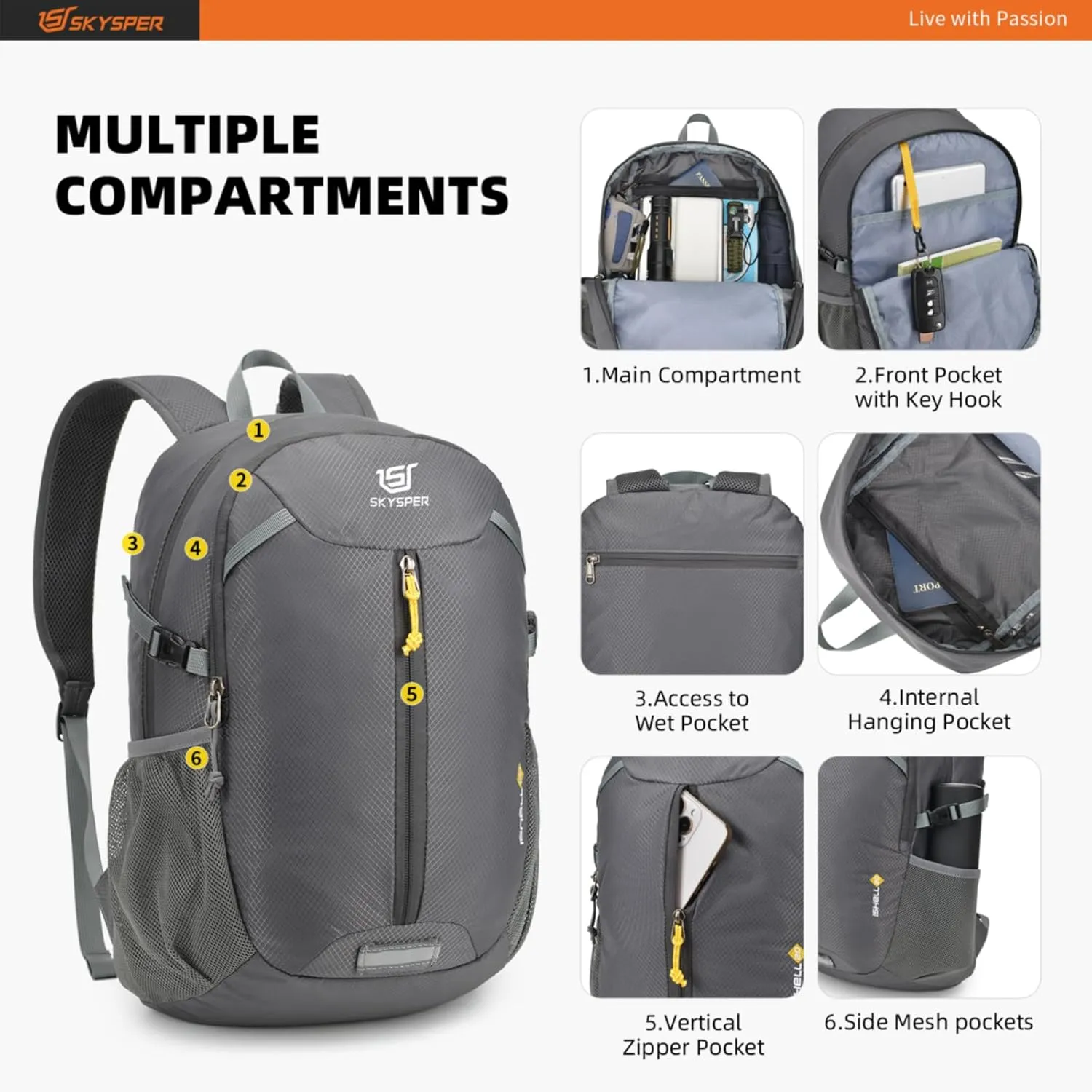 SKYSPER Packable Hiking Backpack - 20L Travel Backpacks for Women Men Foldable Daypack Lightweight Nylon Small Bag