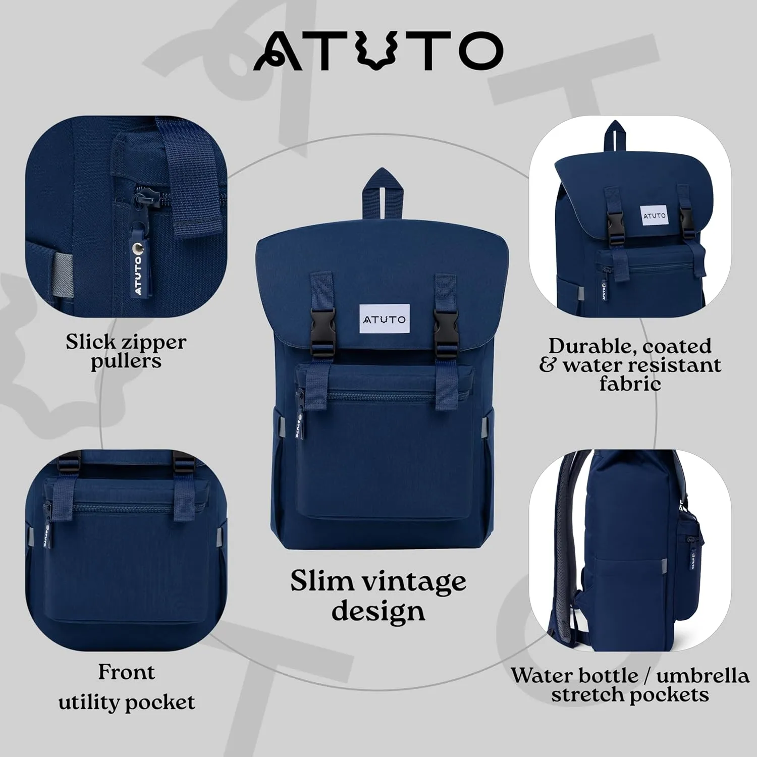 Slim Vintage Backpack for Men and Women, Flap Backpack for Laptop till 16.5", Extra Padding, Durable Fabric (Blue)