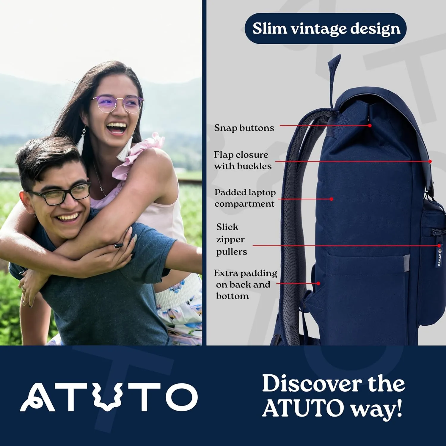 Slim Vintage Backpack for Men and Women, Flap Backpack for Laptop till 16.5", Extra Padding, Durable Fabric (Blue)