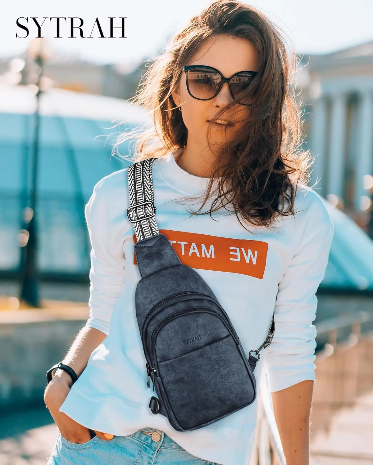 Sling Bag for Women, Crossbody Bags Purse for Women Trendy Vegan Leather Chest Bag with Adjustable Guitar Strap